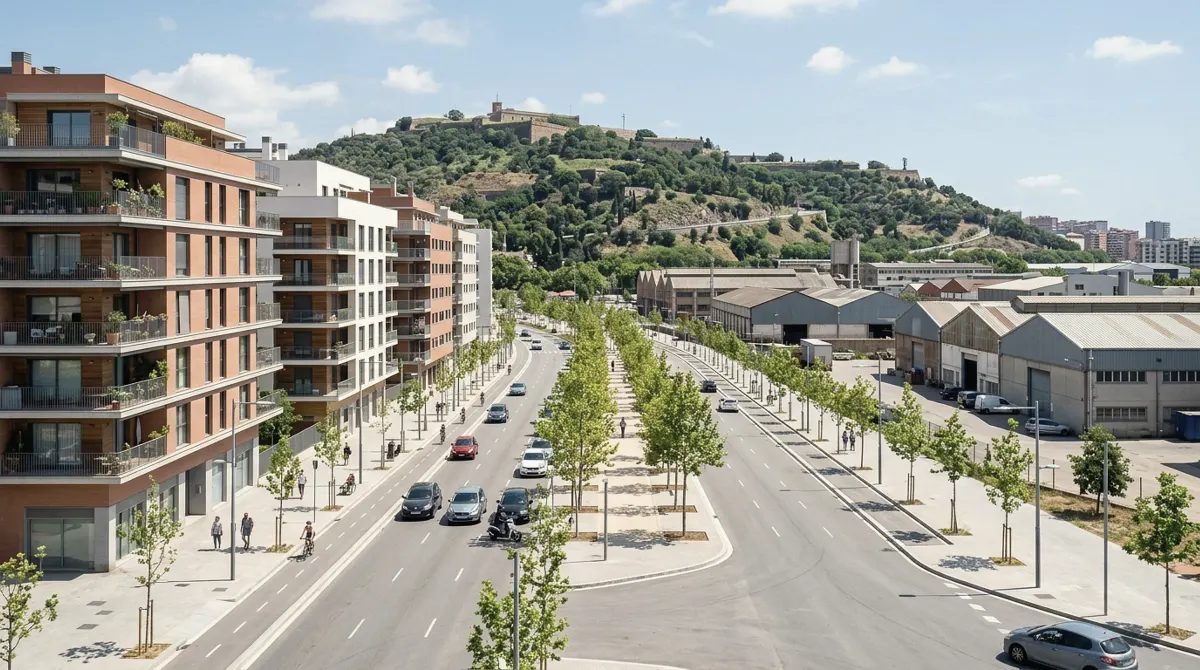 New apartment buildings on a broad avenue with warehouses and a hill behind