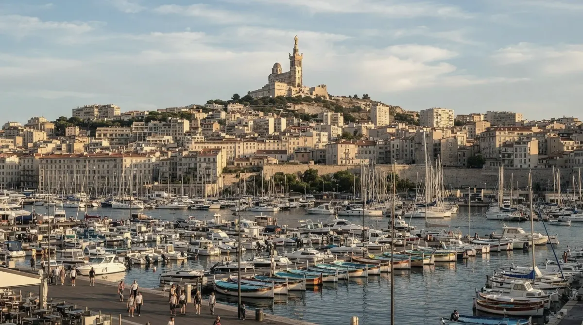 An old port full of small boats with a basilica on a hill above the city