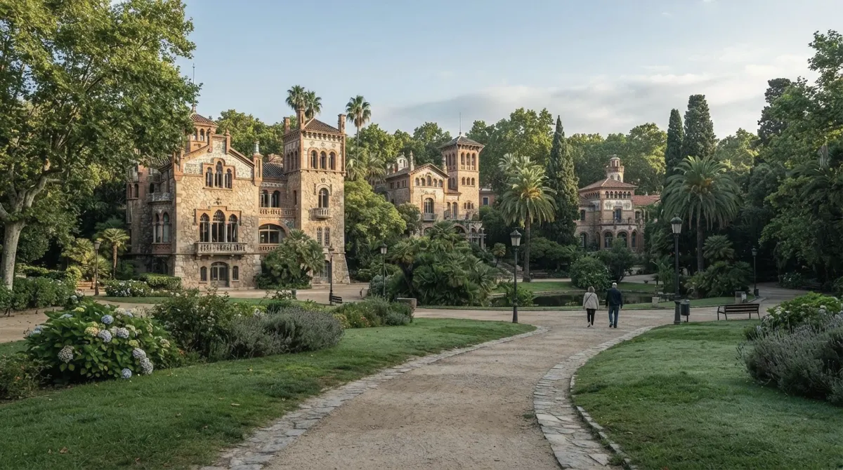 Historic stone pavilions in gardens with tall trees and a path through the lawns