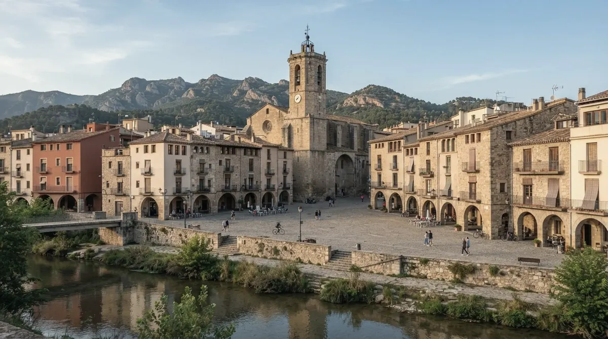 An old town square with arcades and a church