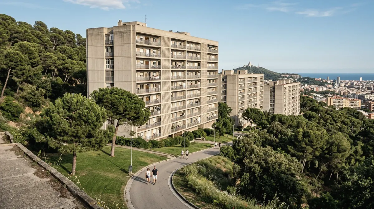 Modernist apartment slabs among pine trees and lawns on a wooded slope