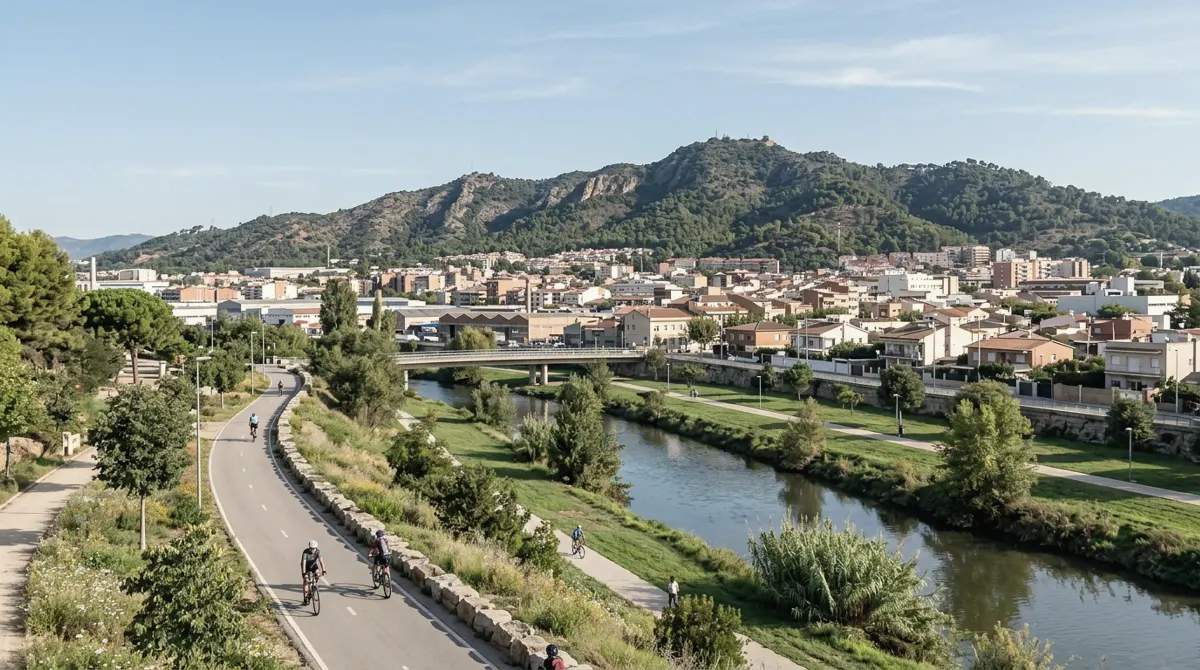A riverside park with a cycle path, the town and a hill behind