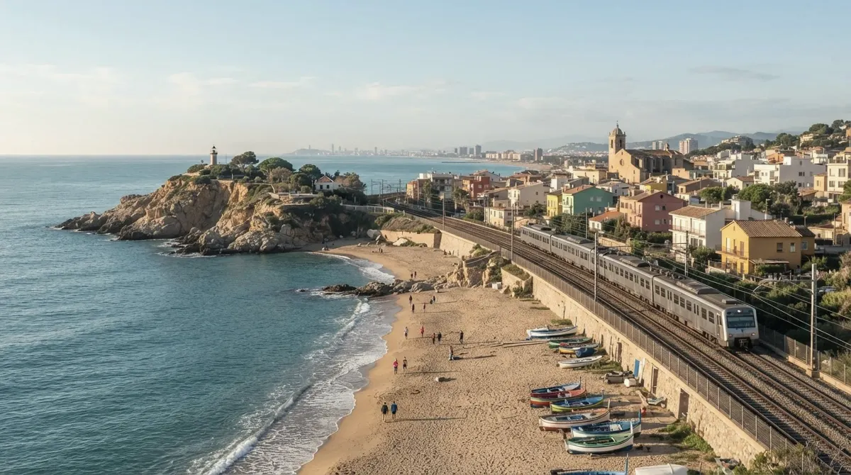 A small coastal town with a beach, a rocky headland and a railway along the shore