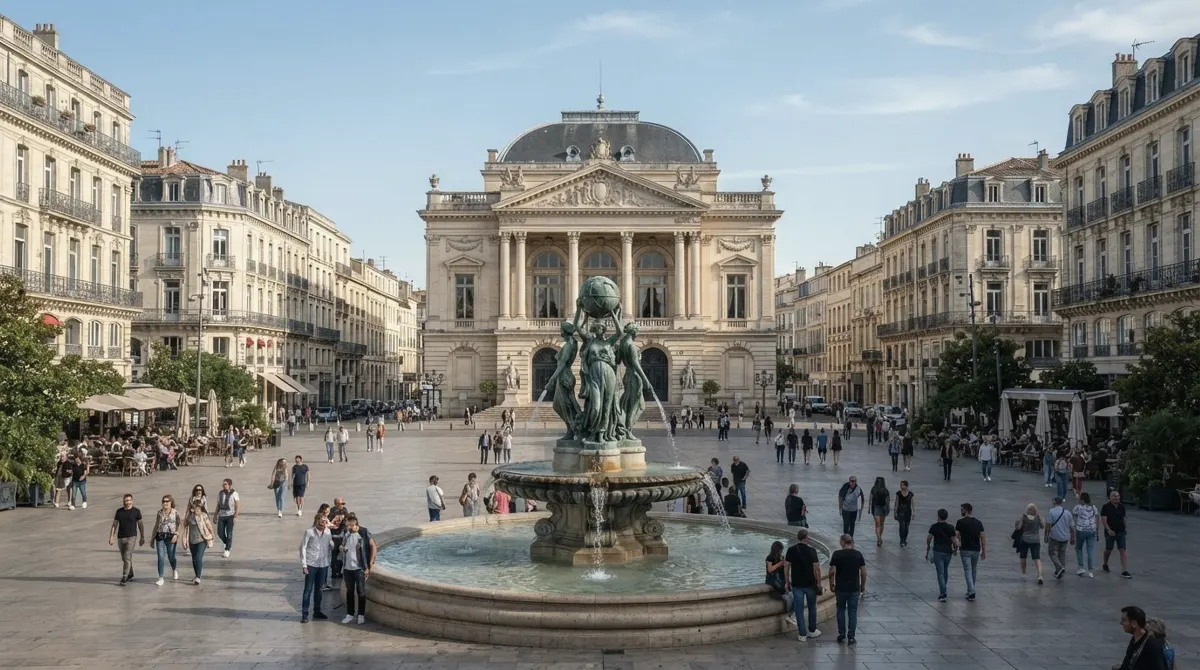 A wide square with an opera house and a fountain, people strolling