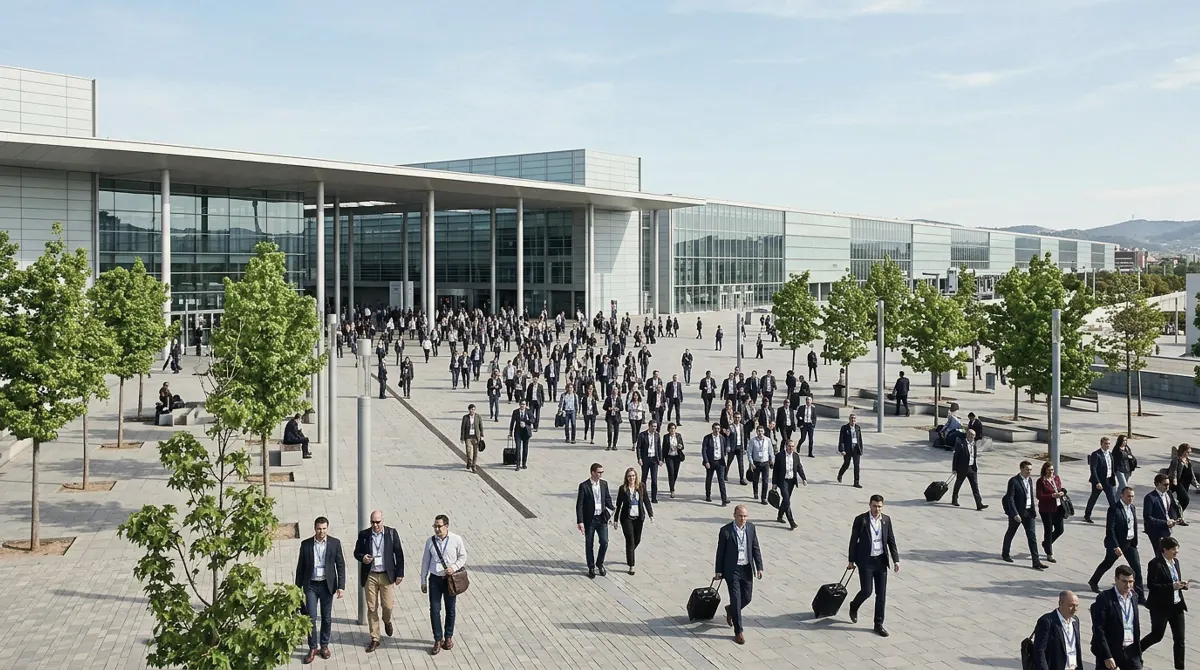 Delegates walking across the forecourt of a large modern exhibition centre with glass halls