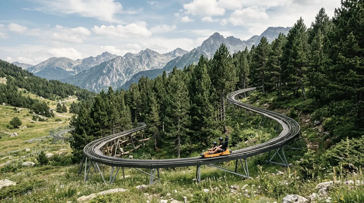 A coaster track winding through pine trees on a mountain slope