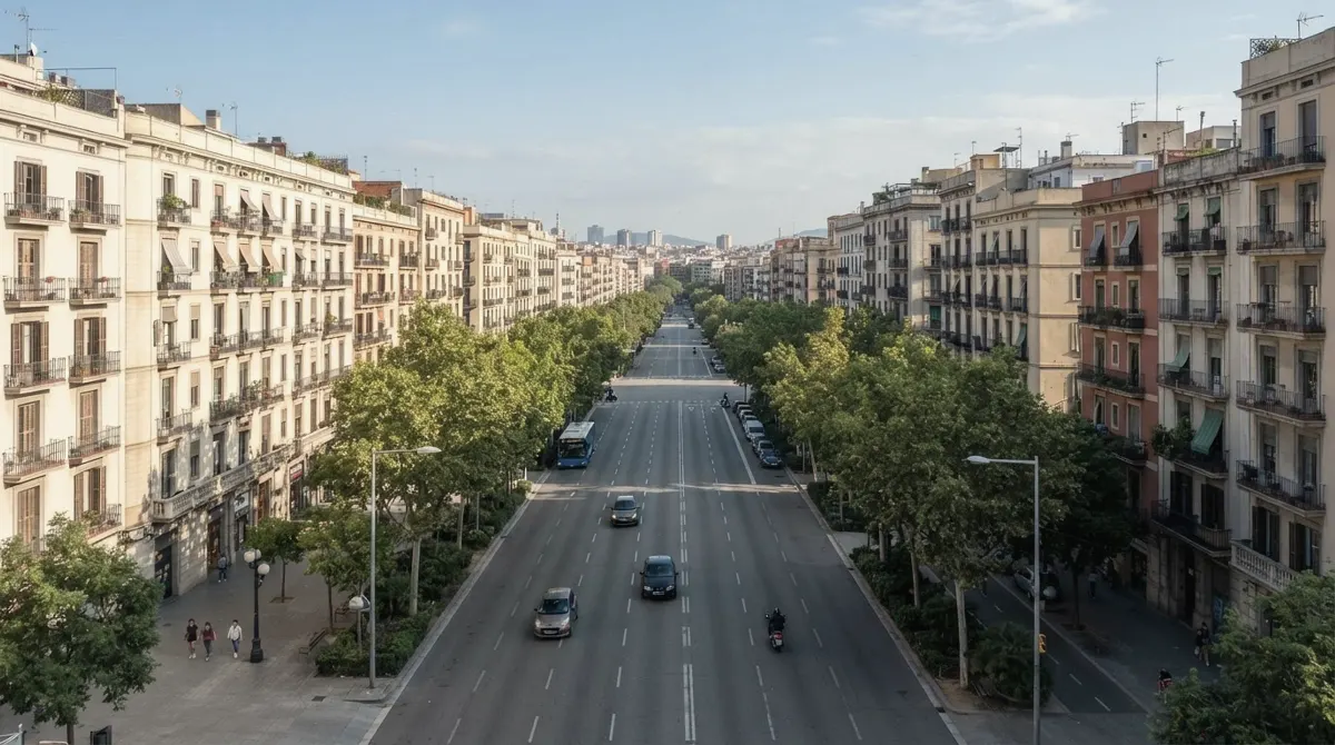 A wide tree-lined avenue with tall apartment blocks