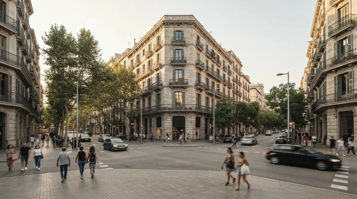 An Eixample crossroads with cut-off corners, balconied buildings and plane trees