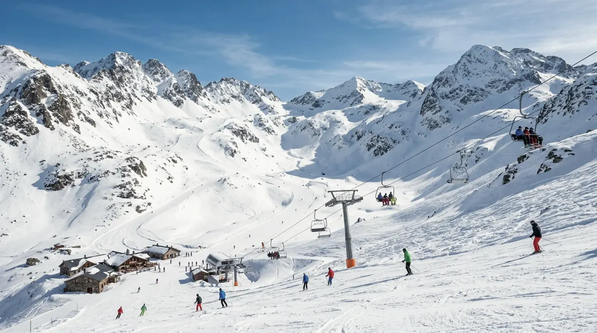 Ski slopes and a chairlift in a high bowl of snowy peaks