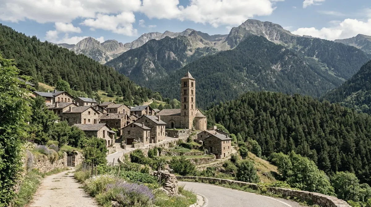 A small stone village with a Romanesque bell tower among pine forests