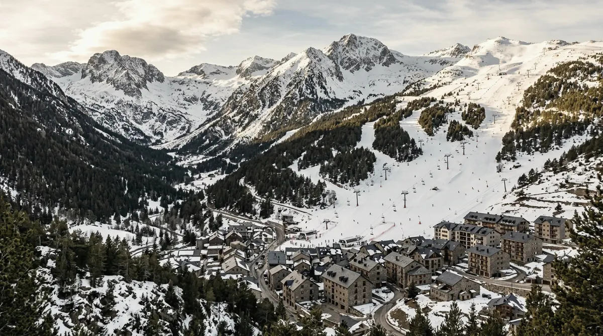 Stone houses of Arinsal in a narrow wooded valley, with pistes and chairlifts climbing the snowy slopes above