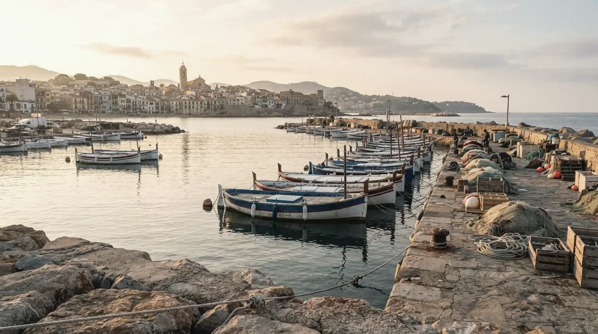 Fishing trawlers moored at a quay with the town along the bay