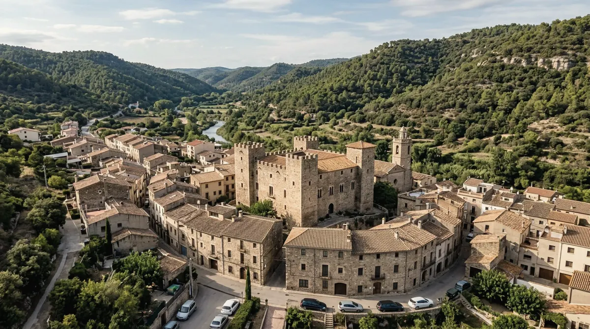 A historic castle building among town houses with wooded hills behind