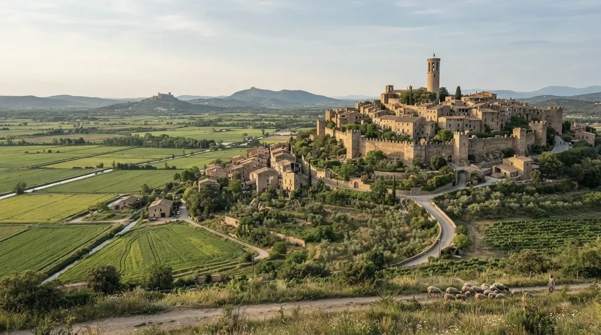 A medieval stone village with a round tower on a hill above green rice fields