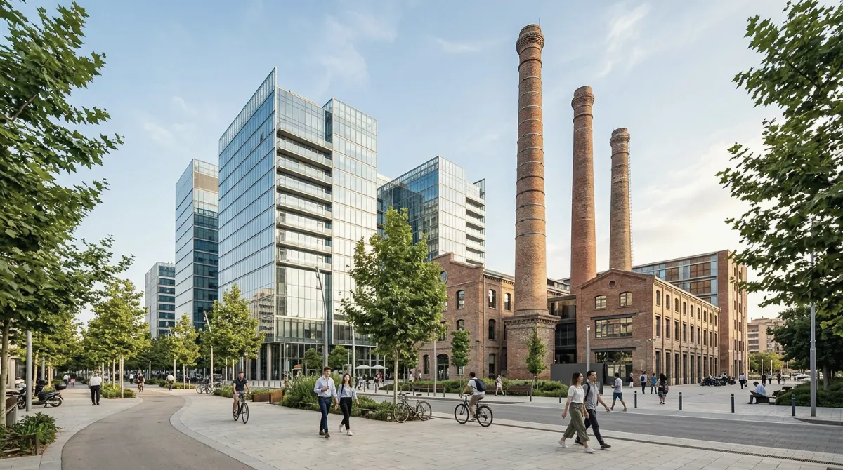 Modern glass office buildings beside restored brick factory chimneys