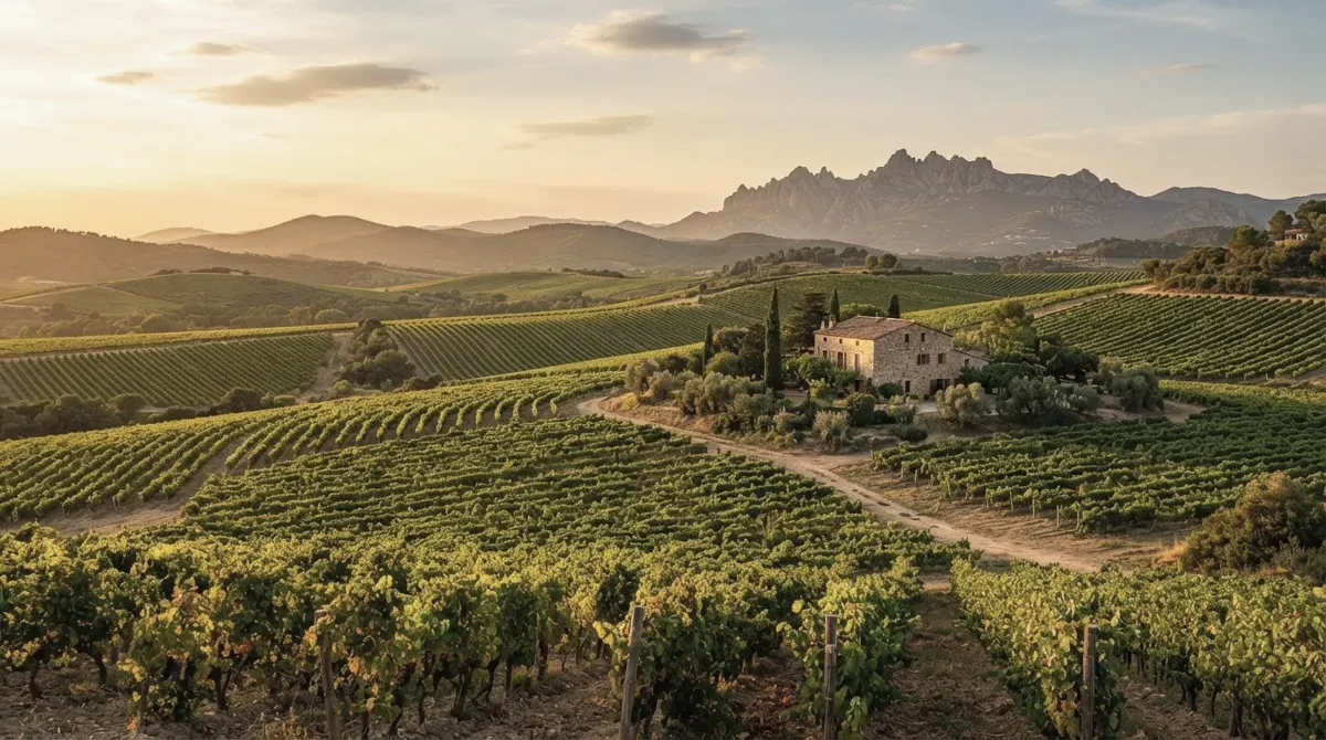 Rows of vines on rolling hills with a stone farmhouse and a jagged mountain on the horizon at sunset