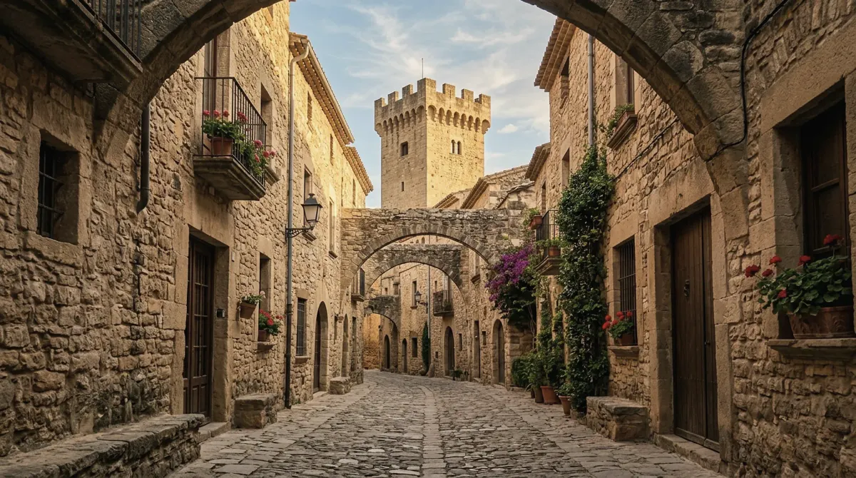 A medieval village of honey-coloured stone with narrow arched streets