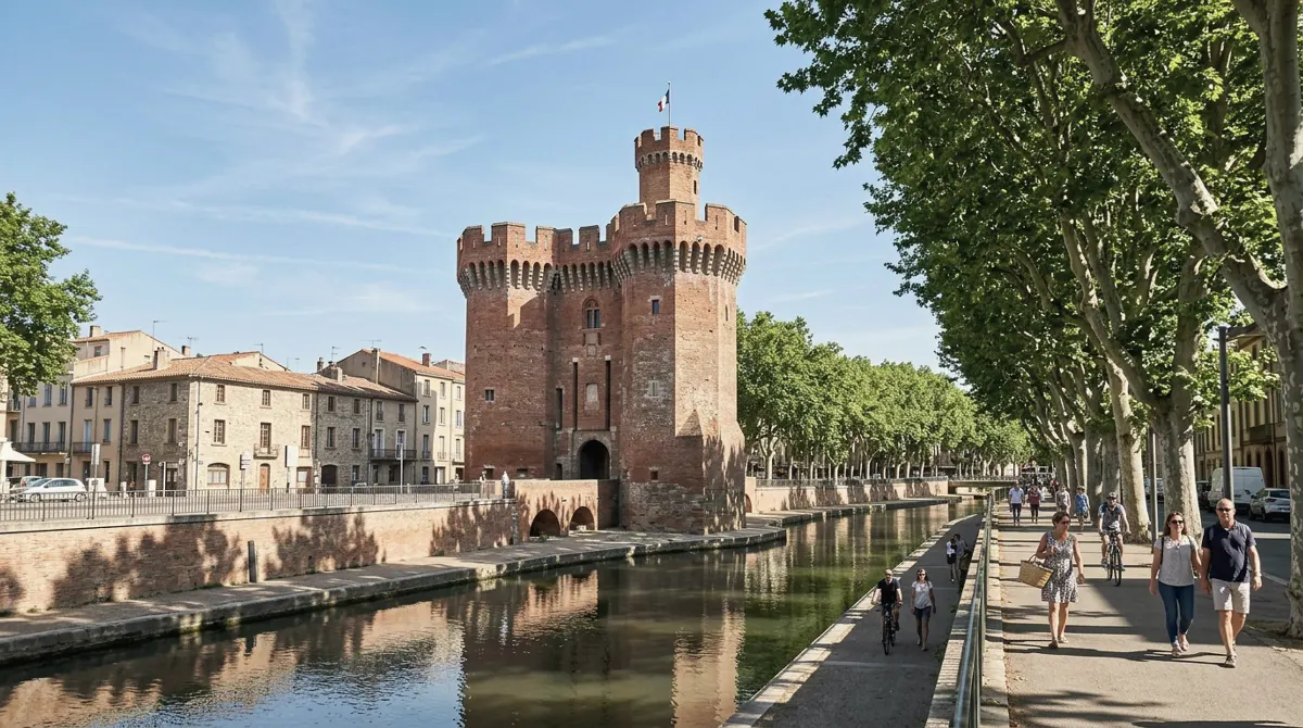 A red-brick gate tower beside a canal lined with plane trees