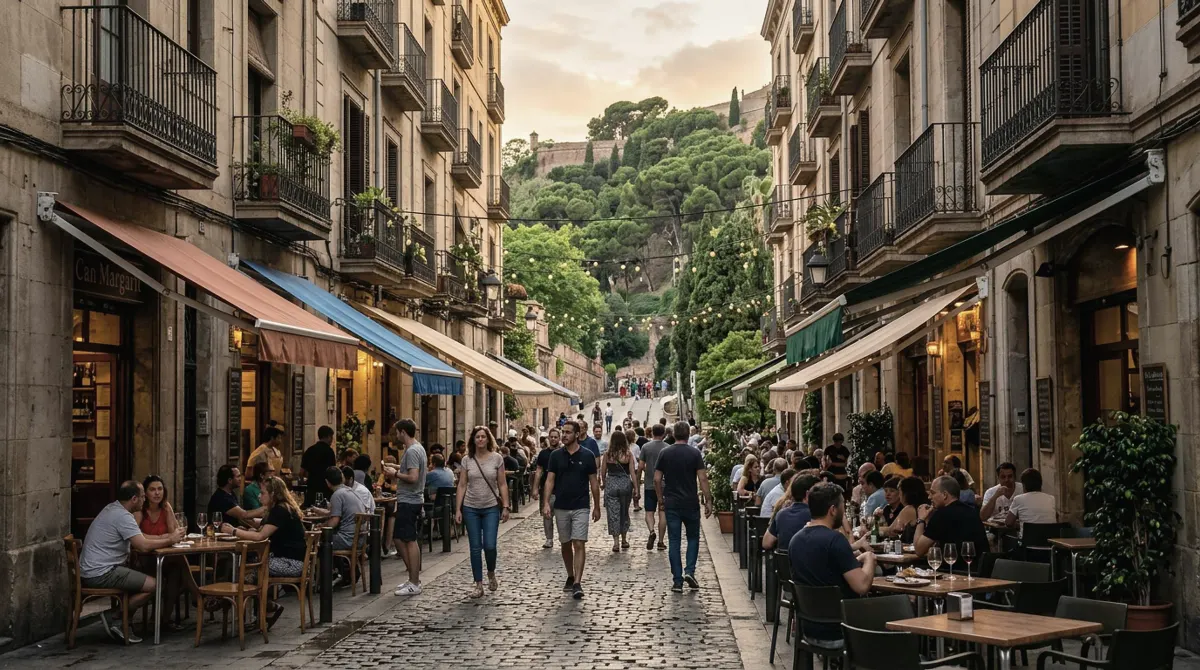 A pedestrian street of small bars with outdoor tables and a green hill at its top