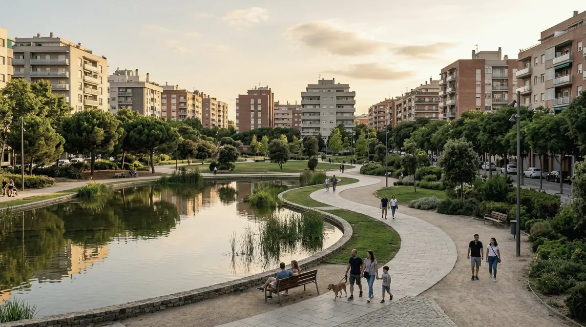 A landscaped park with a pond and walkways surrounded by apartment blocks