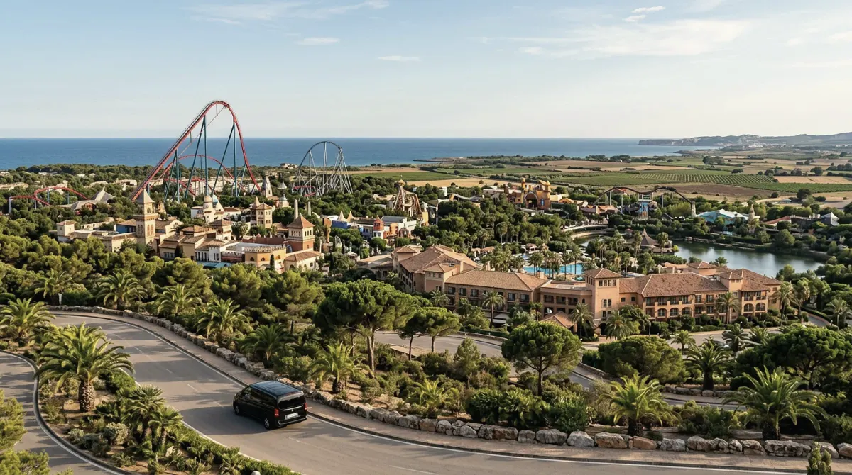 Roller coaster tracks and themed buildings among pines and palms at a seaside theme park resort, a black van nearby