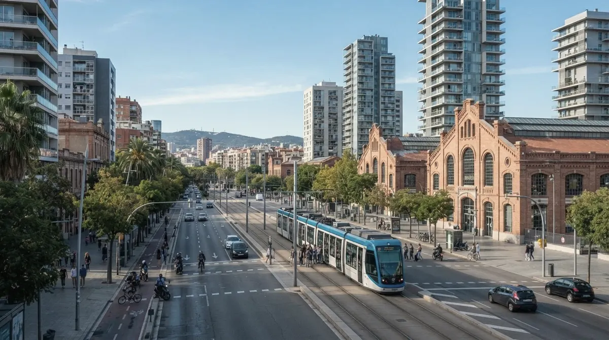 New residential towers and old brick industrial buildings along an avenue with a tram line