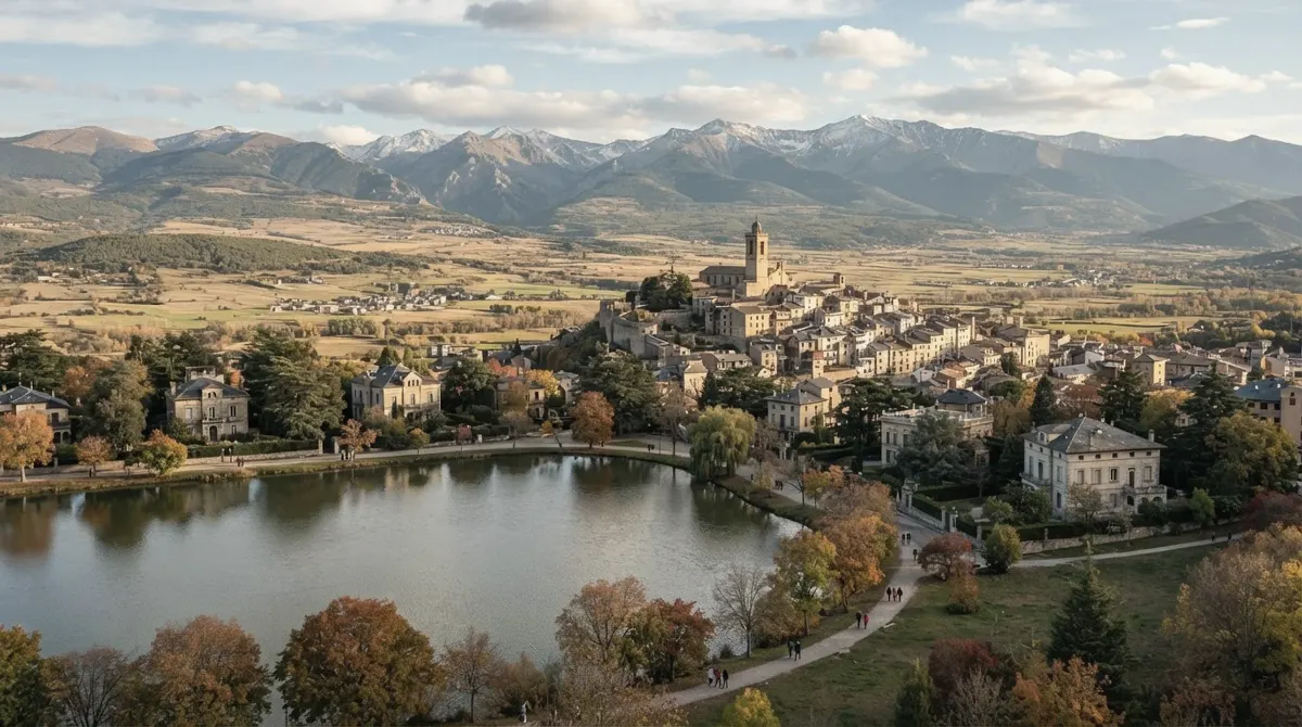 A small lake with old villas, a hill town and mountains beyond