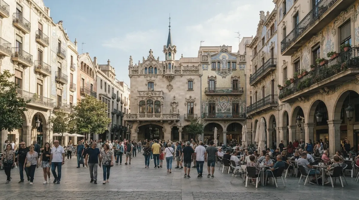 Modernist facades with ornate balconies around a city square