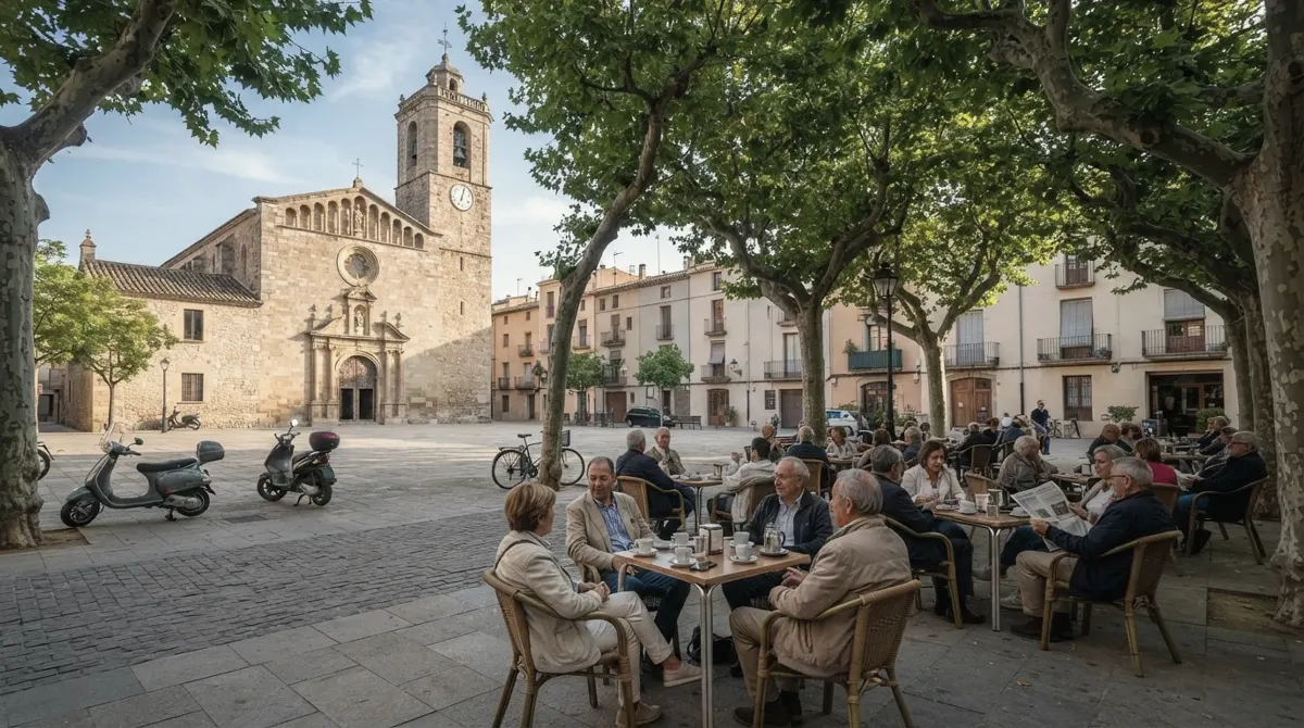 A town square with a church, plane trees and café tables