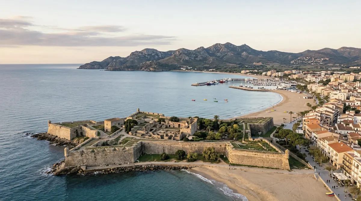 A wide bay with a town beach and low star-shaped citadel walls by the sea