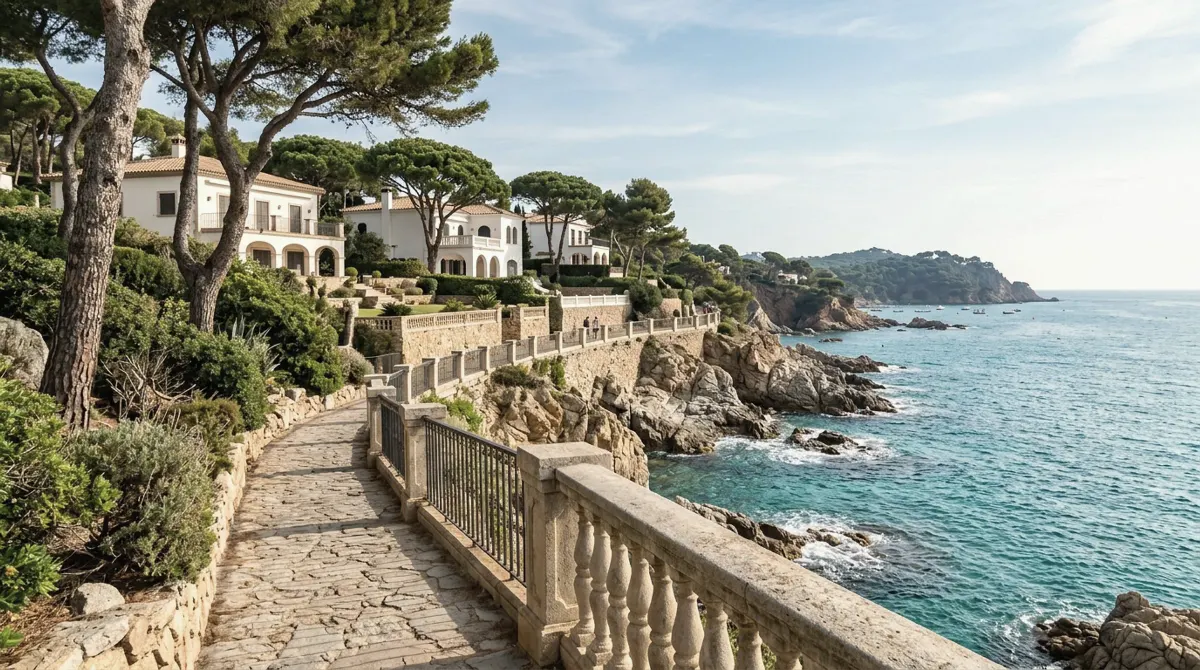A coastal footpath with stone balustrades above rocky coves and pine trees