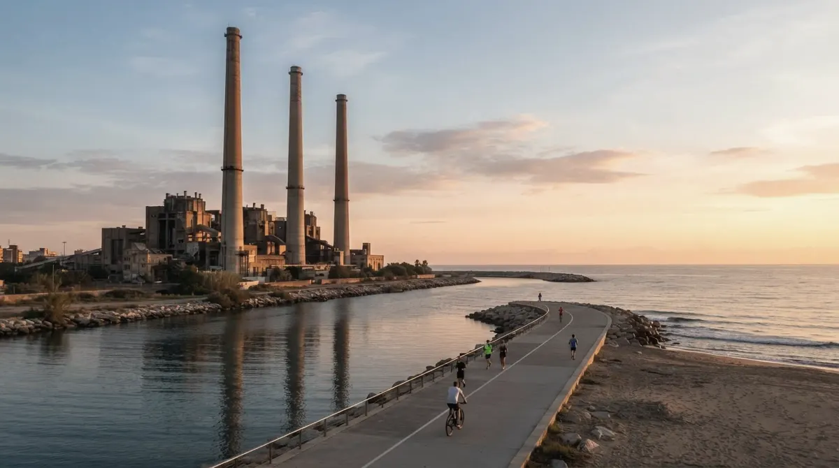 Three tall chimneys of a former power station beside the sea at sunrise