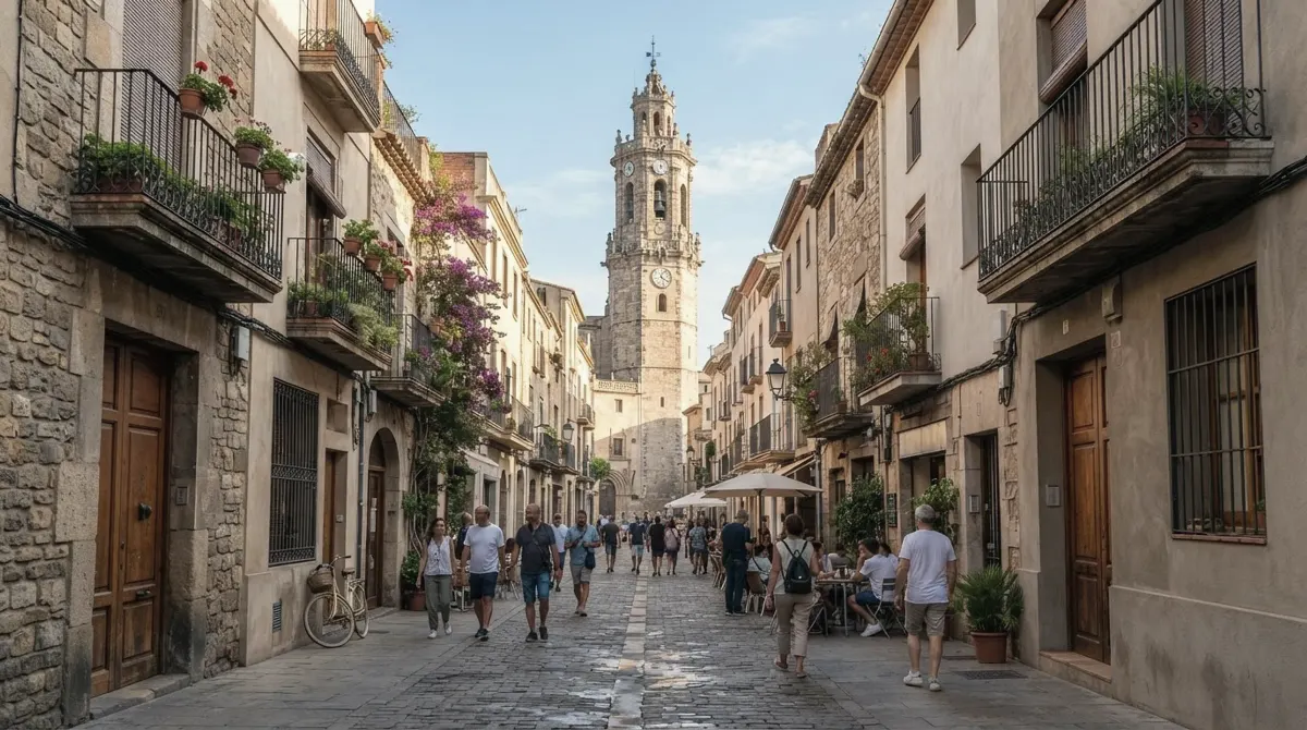A pedestrian street of low historic buildings with a church bell tower at the end