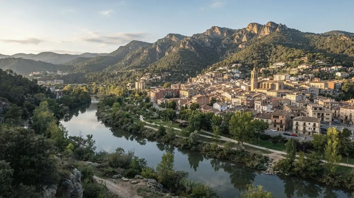 A town beside a river with wooded hills behind