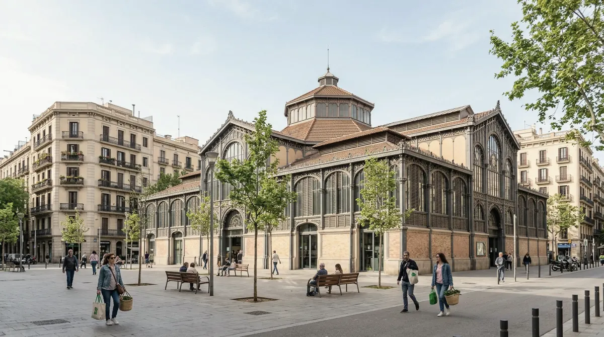 The cast-iron Mercat de Sant Antoni across a tree-lined square, with Eixample apartment buildings around it