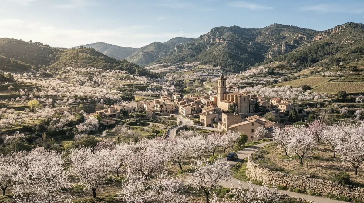 A small village in a valley of cherry orchards in blossom