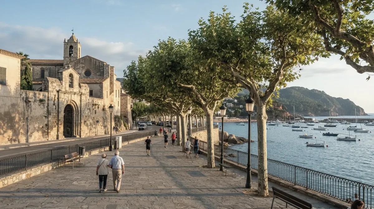 A seafront promenade with plane trees along a bay