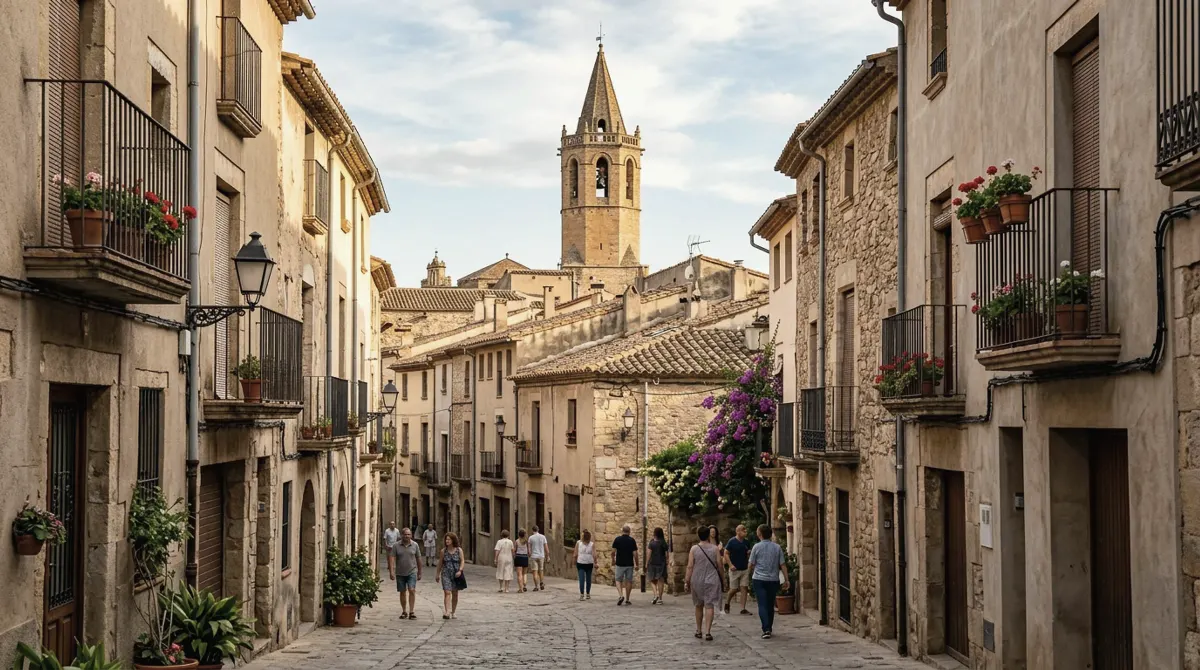 An old town street with a cathedral bell tower above the roofs