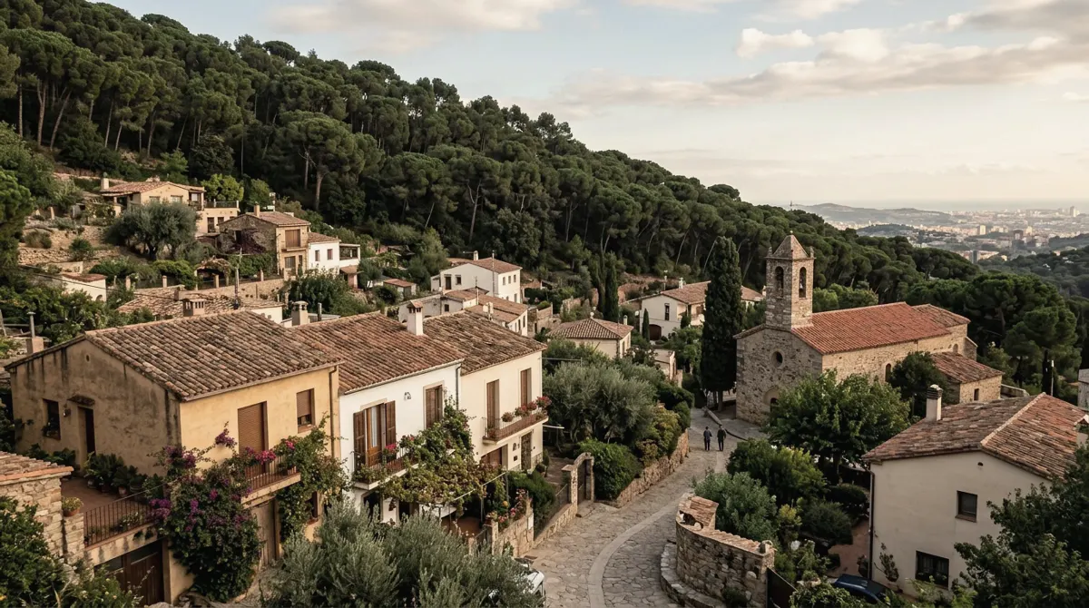 Small houses and lanes below a pine forest with a small church