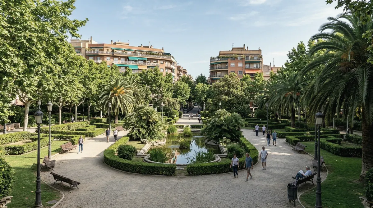 Gravel paths, clipped hedges and tall trees in Turó Parc with apartment buildings beyond