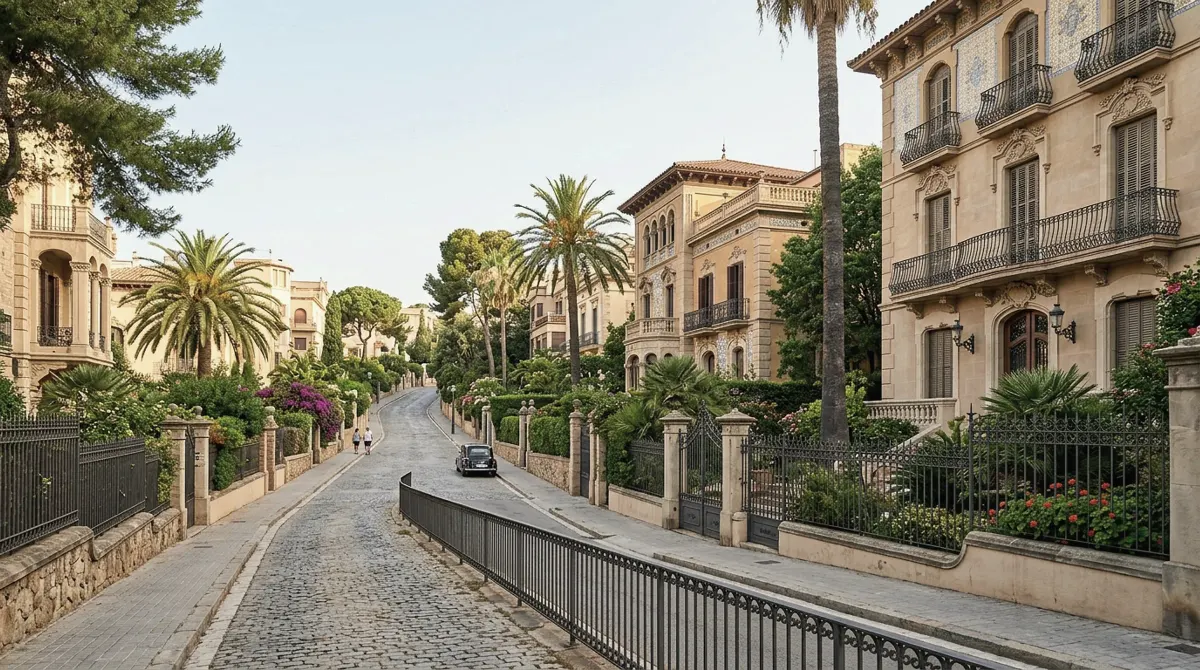 Elegant early 20th century villas with gardens on an uphill avenue with palm trees