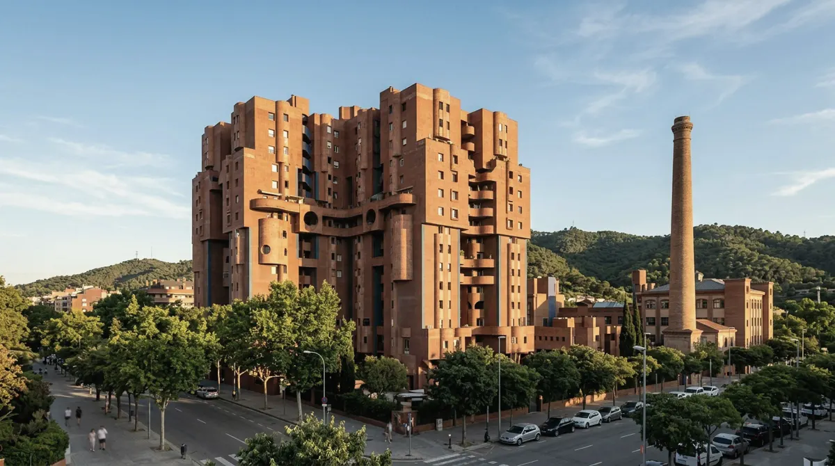 The Walden 7 apartment complex in Sant Just Desvern, with an old factory chimney and the Collserola hills behind