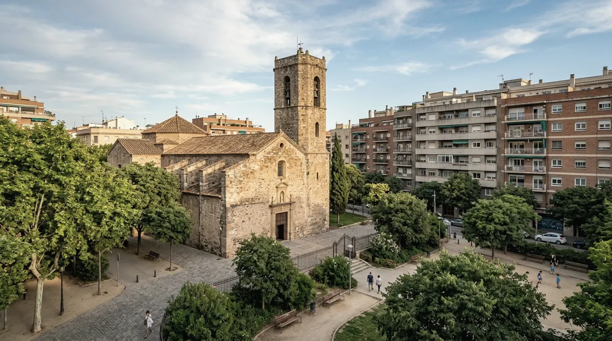 An old village church with a bell tower in a small park among apartment blocks