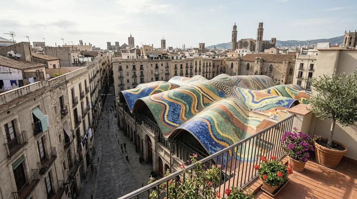 A market hall with a colourful undulating tiled roof among old town streets