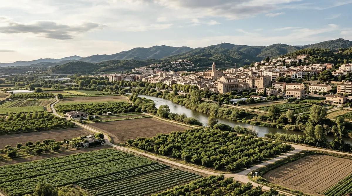 Orchards and fields in front of a riverside town
