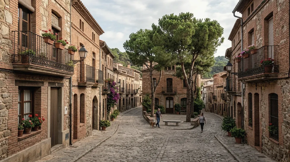 Brick workers' houses and a small square among pine trees in an old industrial village