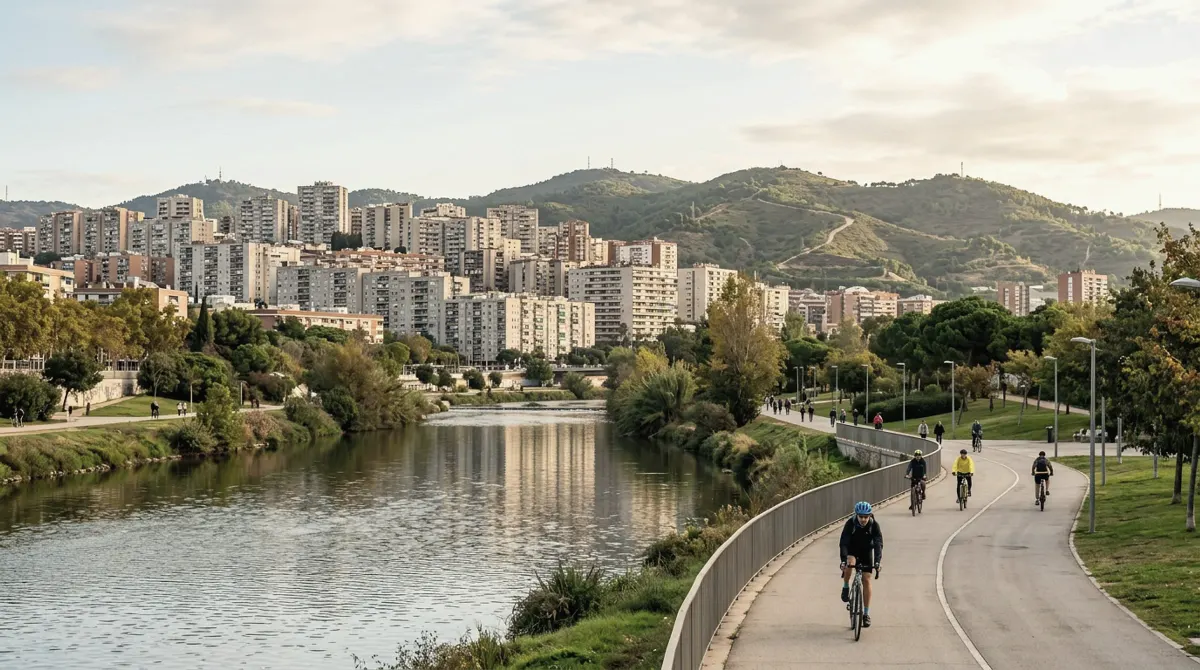 Dense apartment buildings along a river with a riverside path and hills behind