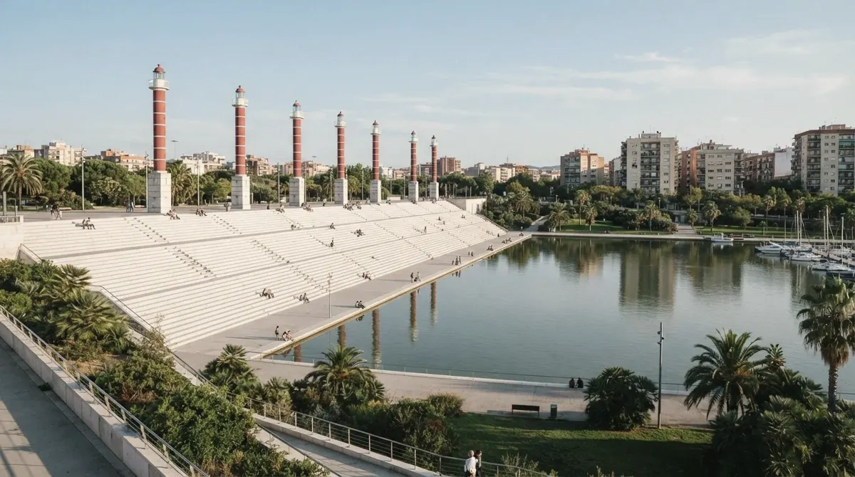 Stepped terraces and a row of tall lighthouse-like towers above the lake of the Parc de l'Espanya Industrial in Sants