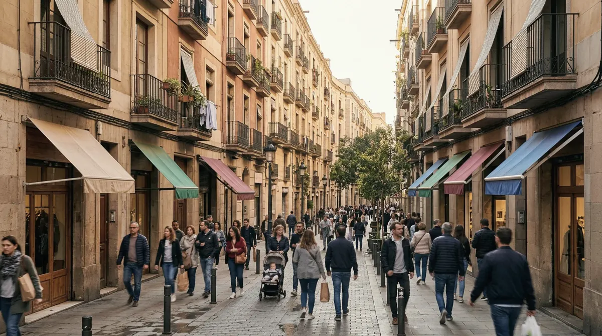 A long street of apartment buildings and shopfronts with people walking