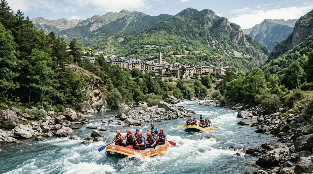 Rafts on a mountain river with a town and green mountains behind